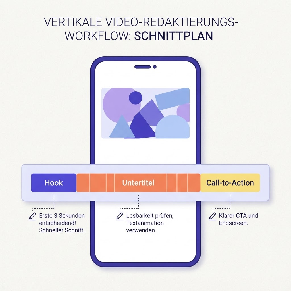 Beispielhafte Übungs-Timeline mit beschrifteten Markierungen für Hook, Untertitel und Call-to-Action